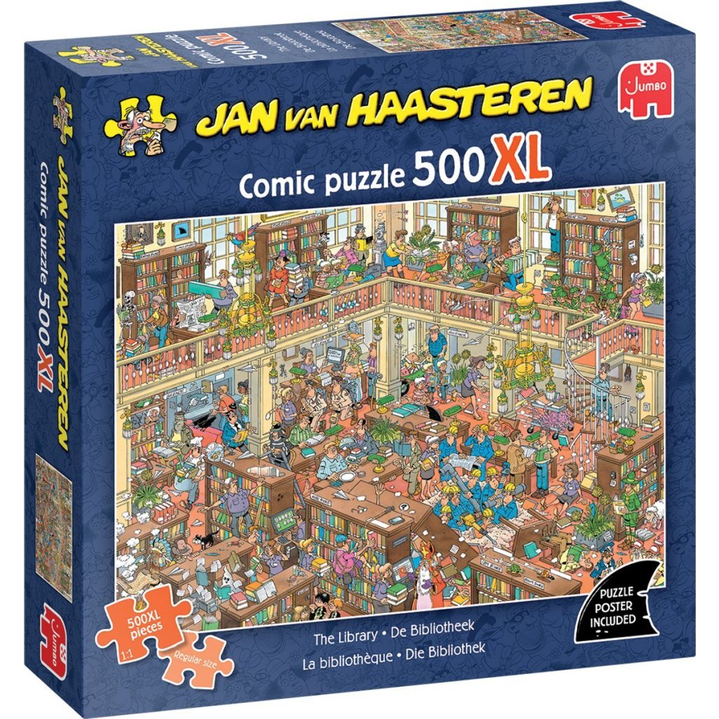 8721017607915 1.jpg Jumbo Puzzel Jan van Haasteren De Bibliotheek 500 XL Stukjes + Poster